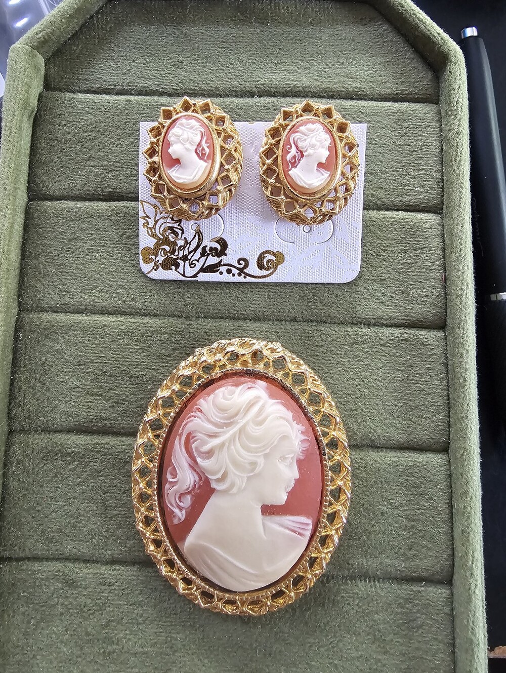 Vintage Cameo Brooch And Earring Set